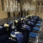 Rectangular velour tablecloth – dark blue — event decor rental