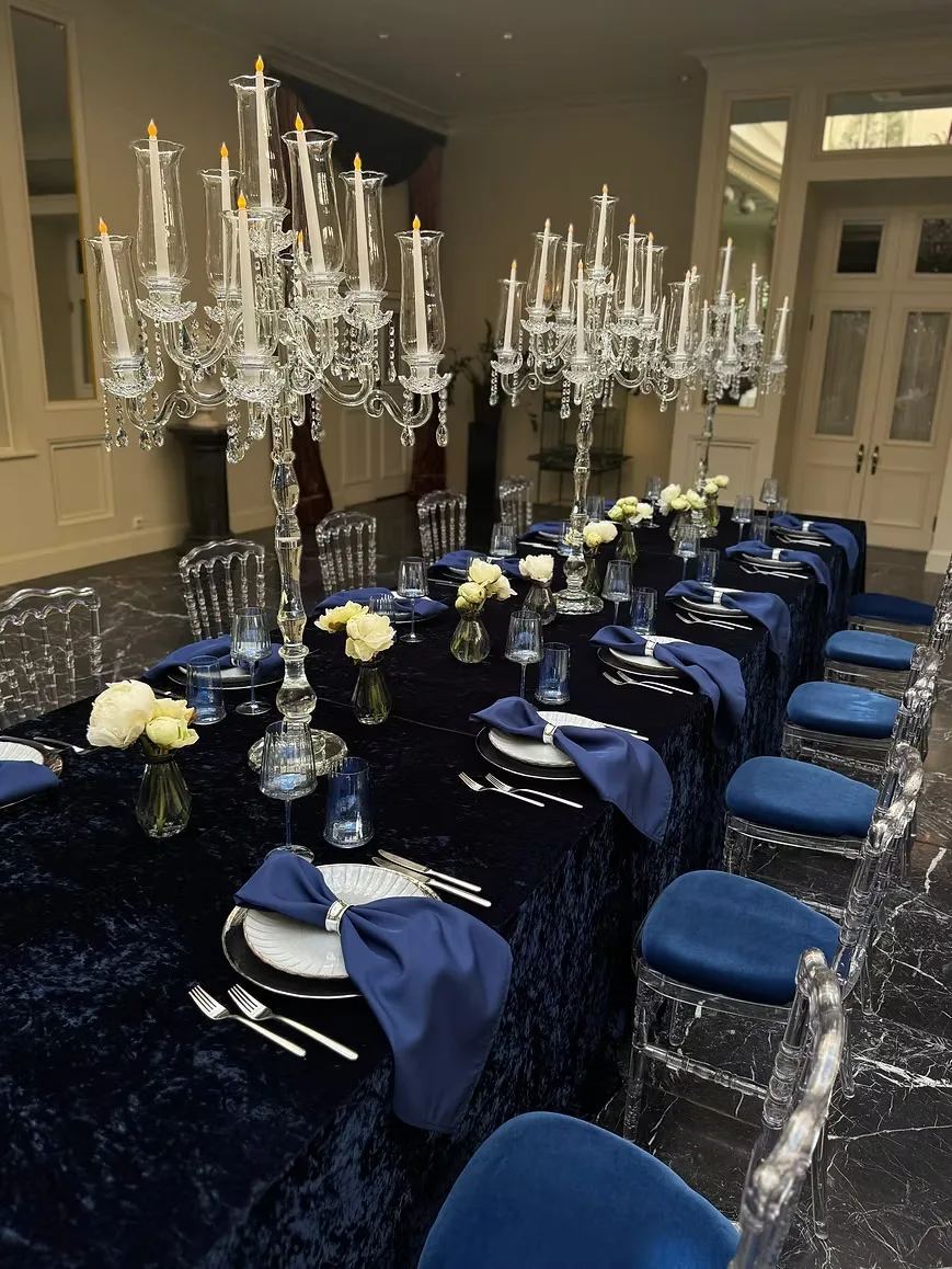 Rectangular velour tablecloth – dark blue — event decor rental