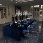 Rectangular velour tablecloth – dark blue — event decor rental