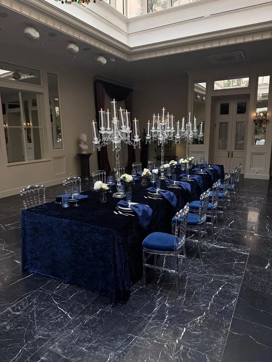 Rectangular velour tablecloth – dark blue — event decor rental