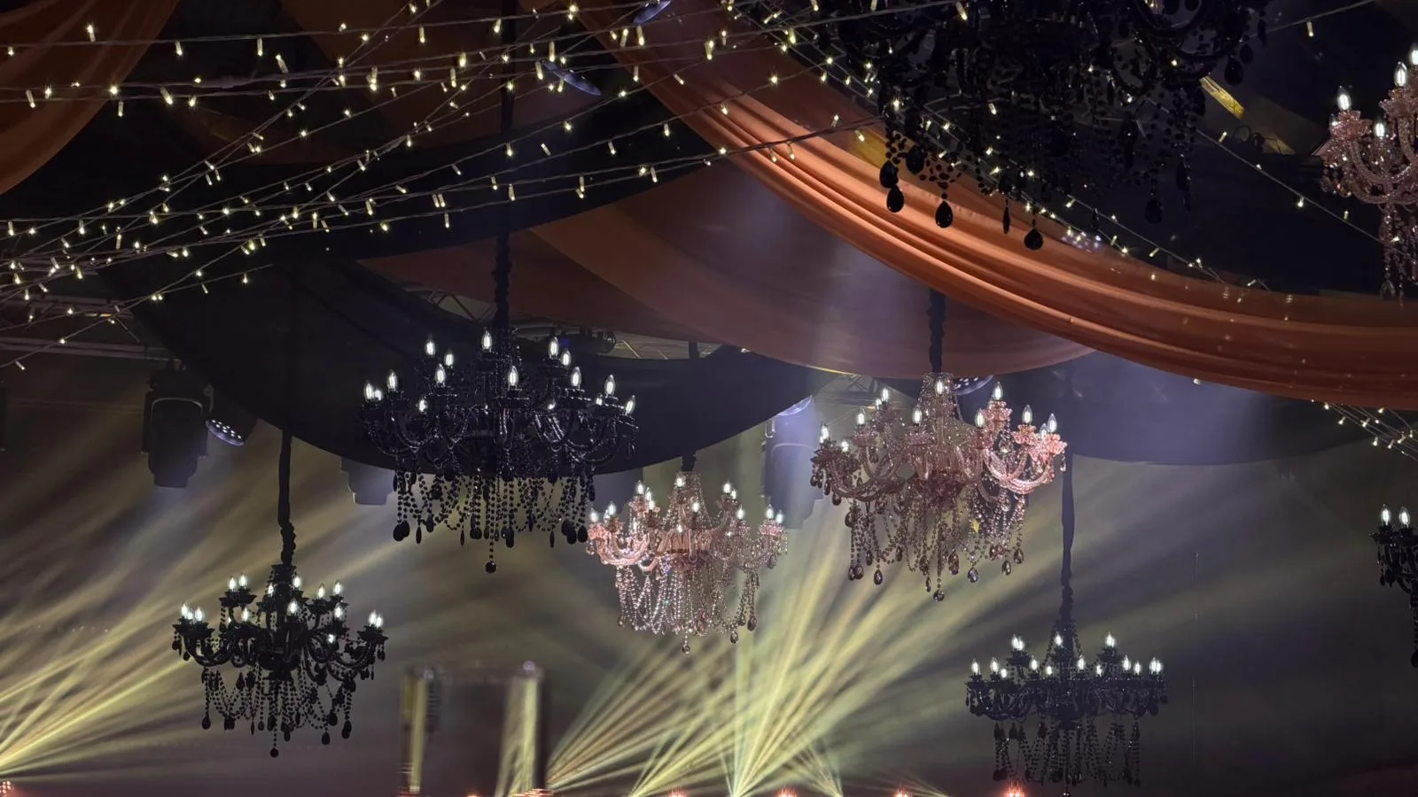 Crystal black chandelier — event decor rental