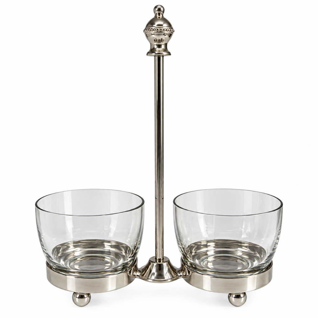 Glass containers with metal holder